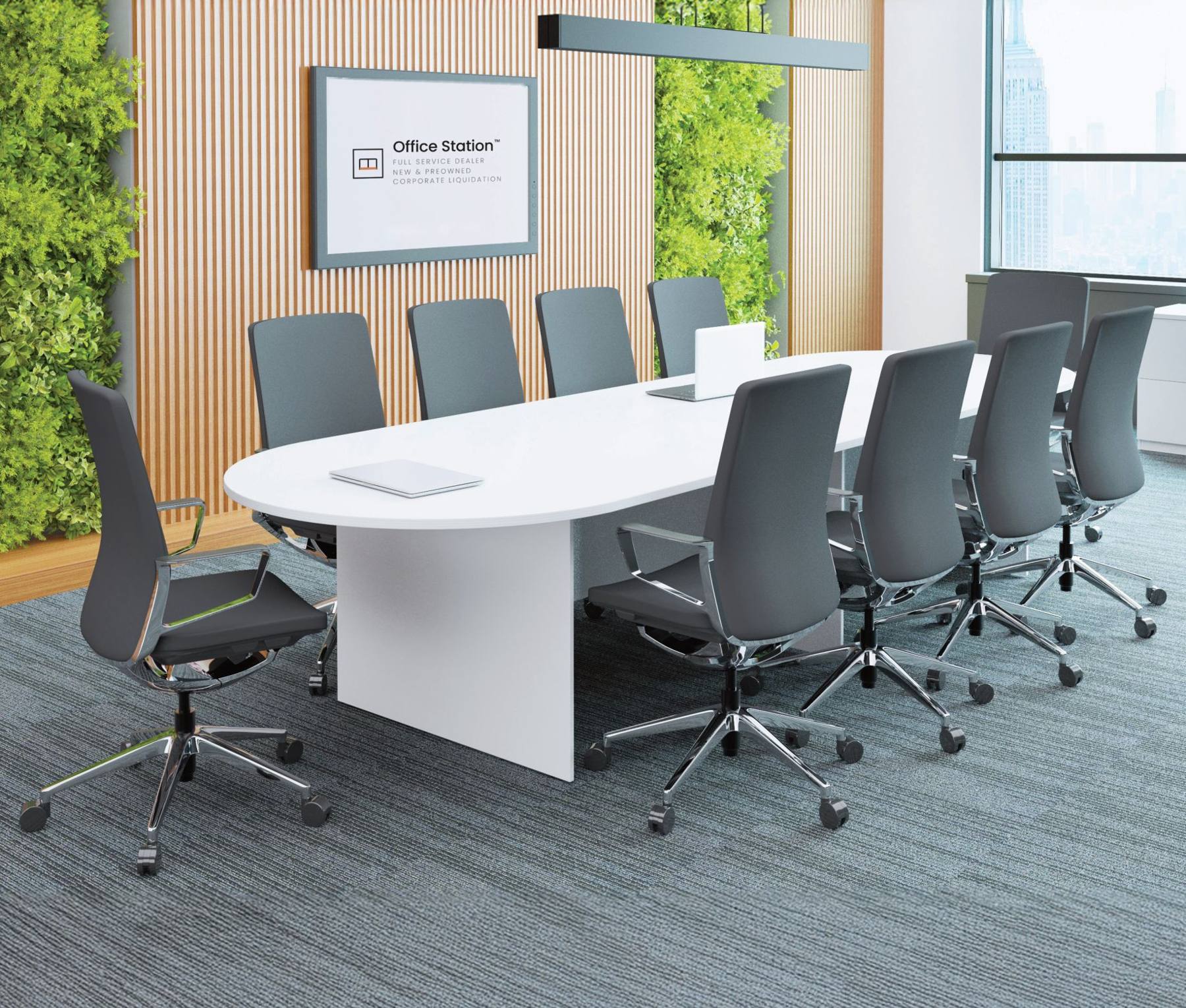 Conference room furnished with an Arlo racetrack table and Halo chairs
