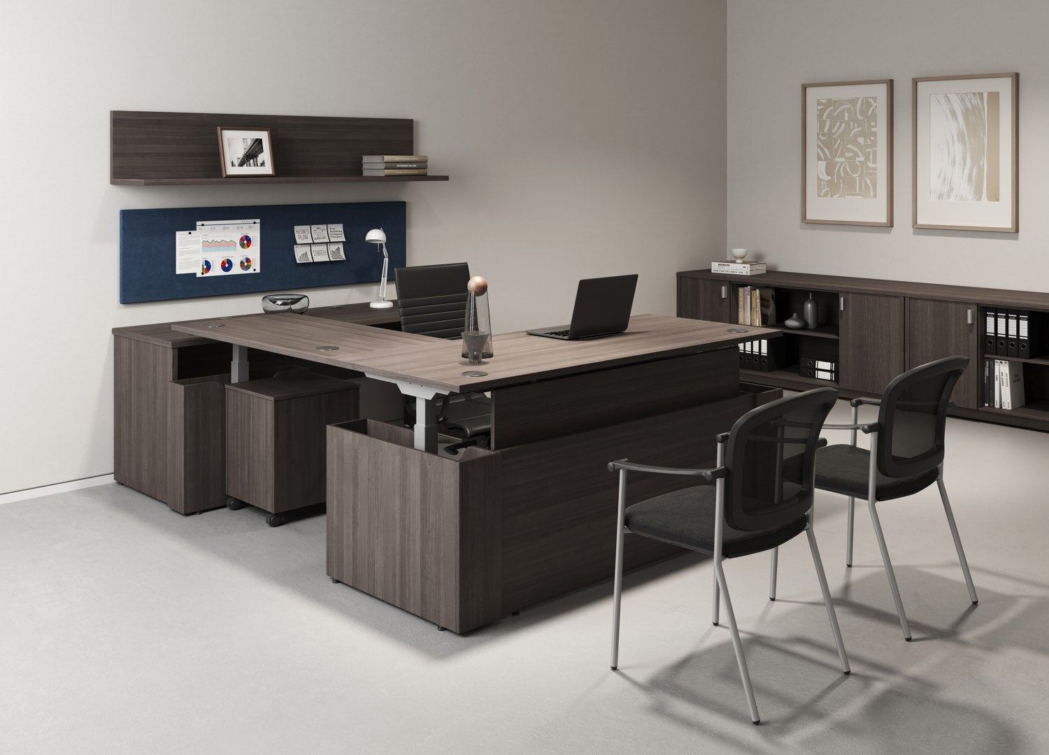 OS Meridian in Gray Elm with matching shelf, tackboard and storage