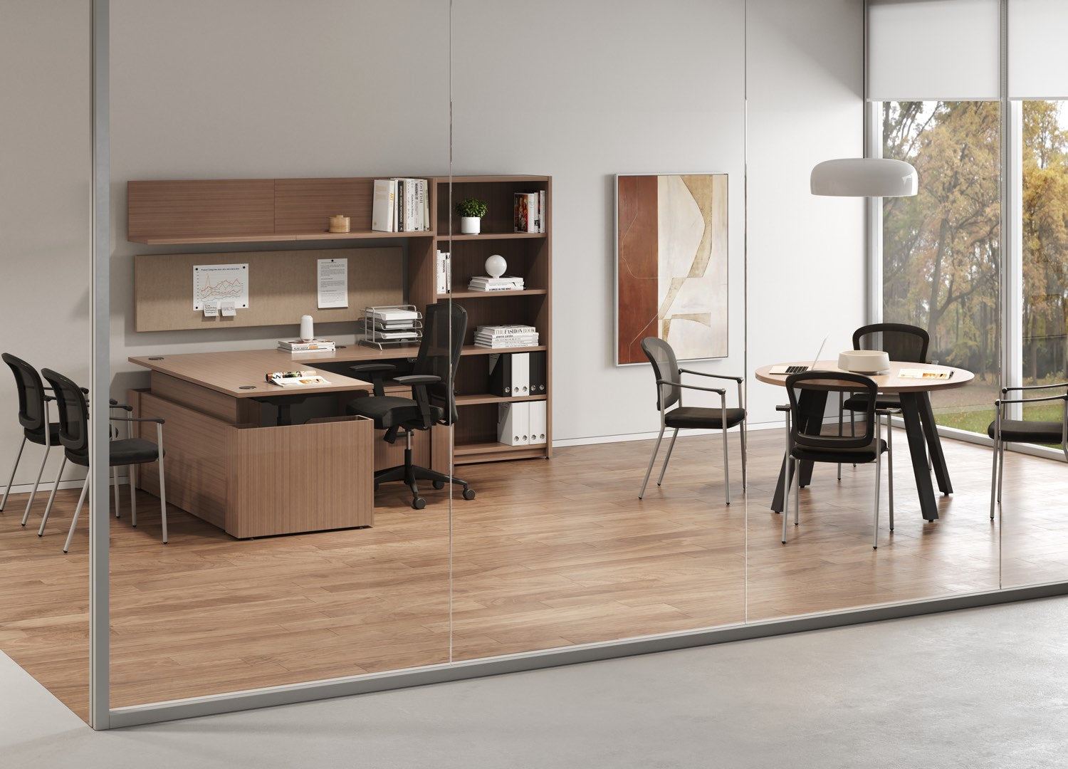 OS Meridian in Warm Oak in a glass-walled private office