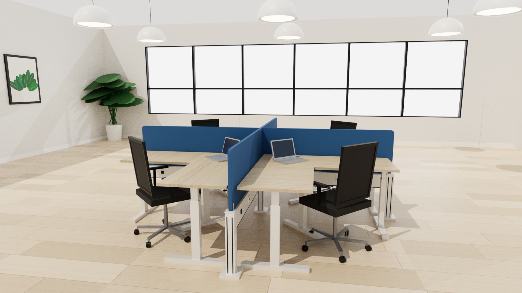 OS Power Wall 4-pack with blue PET screens and sit-stand desks in a daylit office