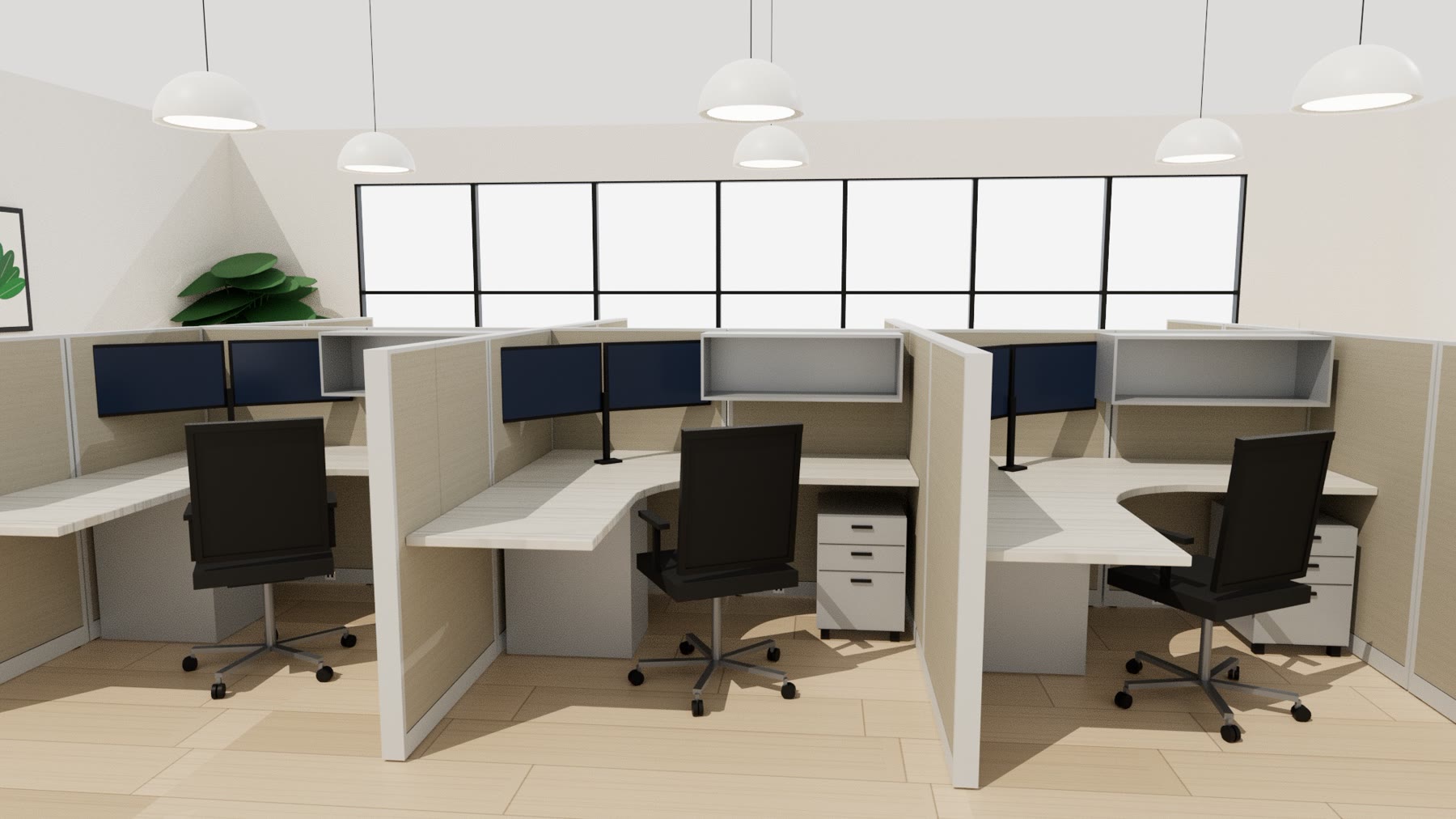OS2 System 6 by 6 workstations with light gray trimmed fabric panels in a daylit office